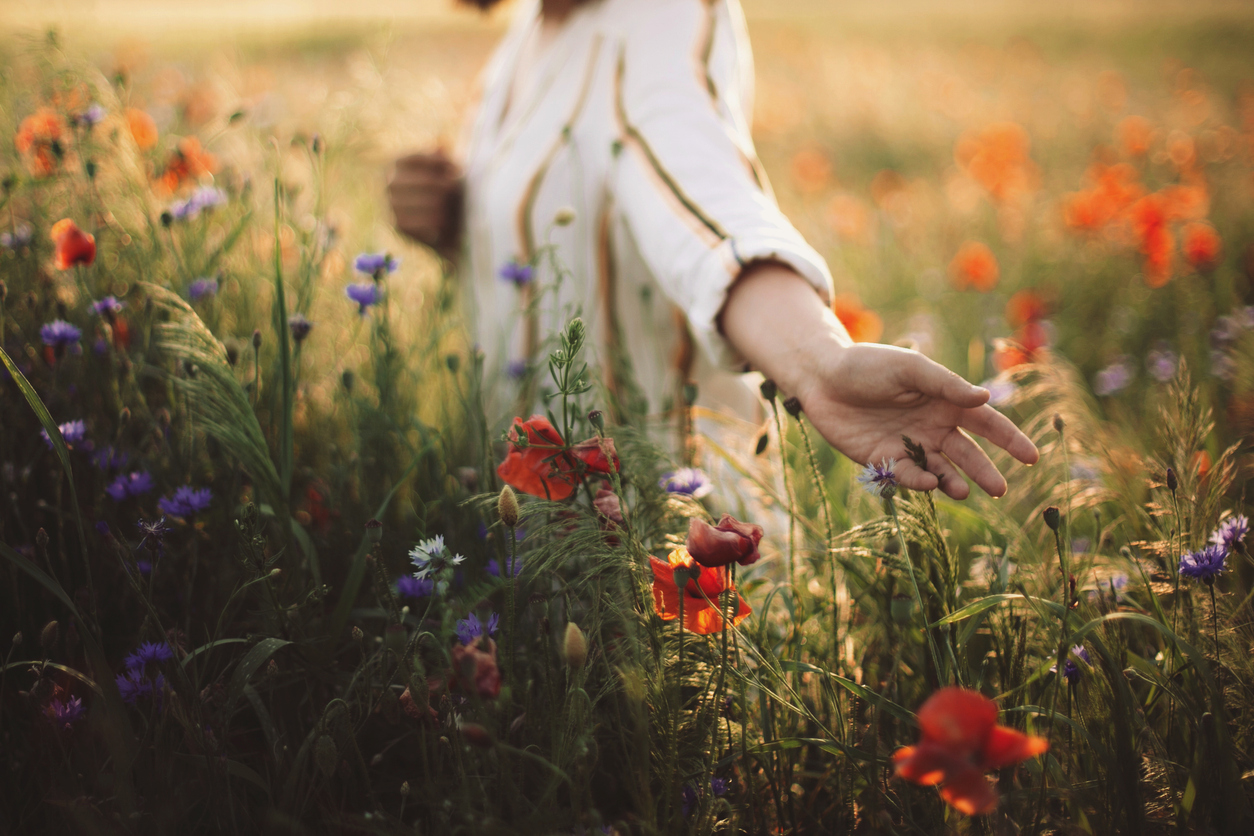 femme dans une robe dans un champ de fleur